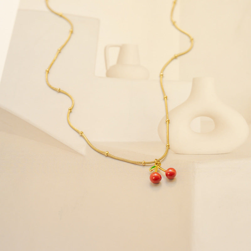 Cherry Enamel Necklace For Women In Simple Style With Electroplated Gold Plating Process