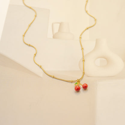 Cherry Enamel Necklace For Women In Simple Style With Electroplated Gold Plating Process