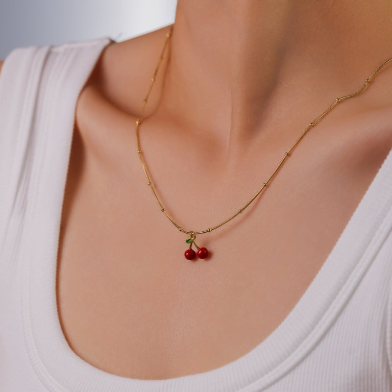 Cherry Enamel Necklace For Women In Simple Style With Electroplated Gold Plating Process