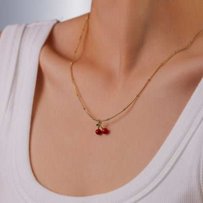 Cherry Enamel Necklace For Women In Simple Style With Electroplated Gold Plating Process