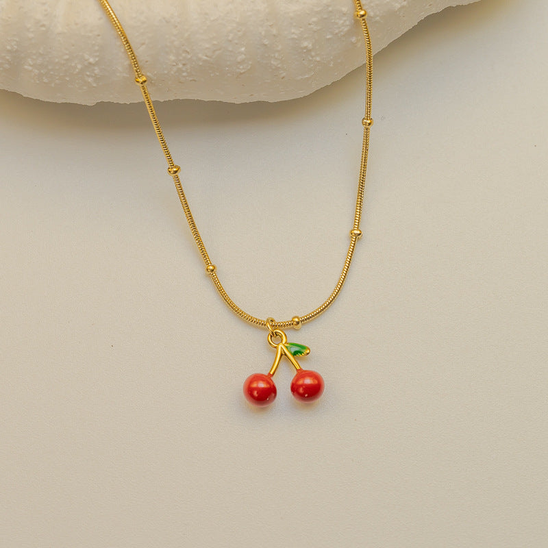 Cherry Enamel Necklace For Women In Simple Style With Electroplated Gold Plating Process