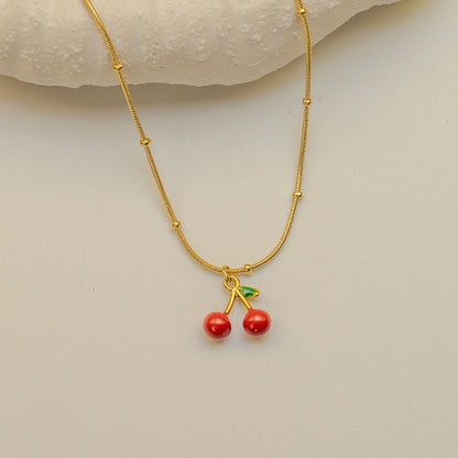 Cherry Enamel Necklace For Women In Simple Style With Electroplated Gold Plating Process