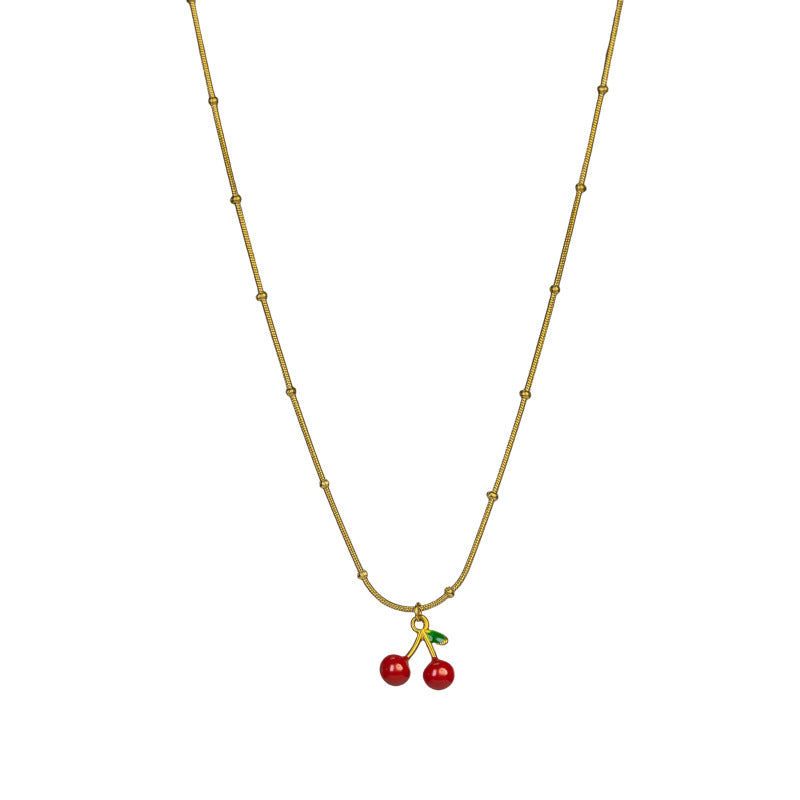 Cherry Enamel Necklace For Women In Simple Style With Electroplated Gold Plating Process