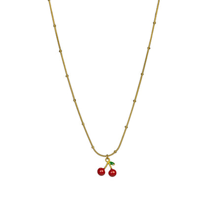 Cherry Enamel Necklace For Women In Simple Style With Electroplated Gold Plating Process