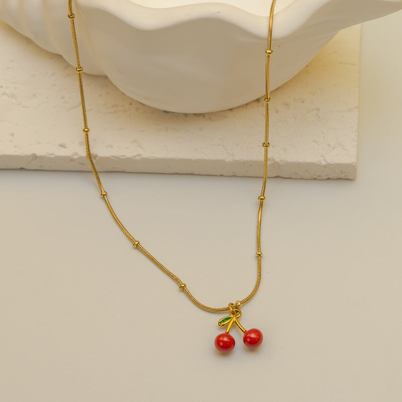 Cherry Enamel Necklace For Women In Simple Style With Electroplated Gold Plating Process