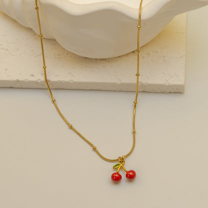 Cherry Enamel Necklace For Women In Simple Style With Electroplated Gold Plating Process