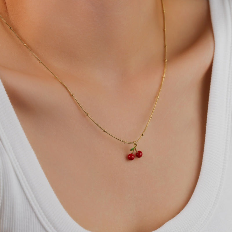 Cherry Enamel Necklace For Women In Simple Style With Electroplated Gold Plating Process