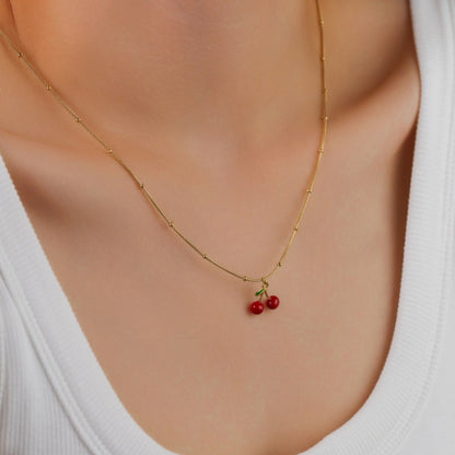 Cherry Enamel Necklace For Women In Simple Style With Electroplated Gold Plating Process