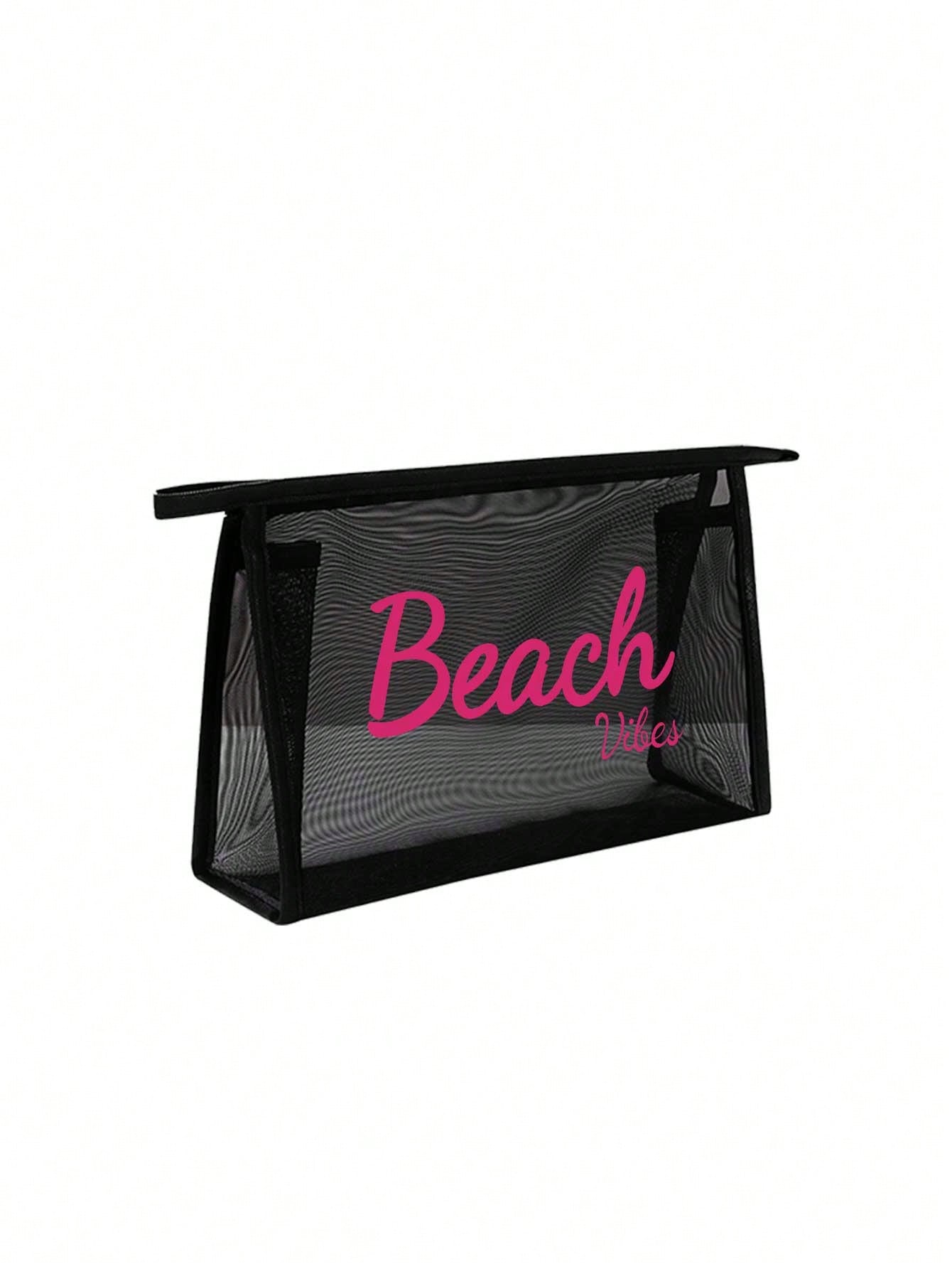 Square Cosmetic Bag For Women Featuring Gauze Net Material With Vocabulary Words Design