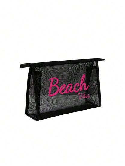 Square Cosmetic Bag For Women Featuring Gauze Net Material With Vocabulary Words Design