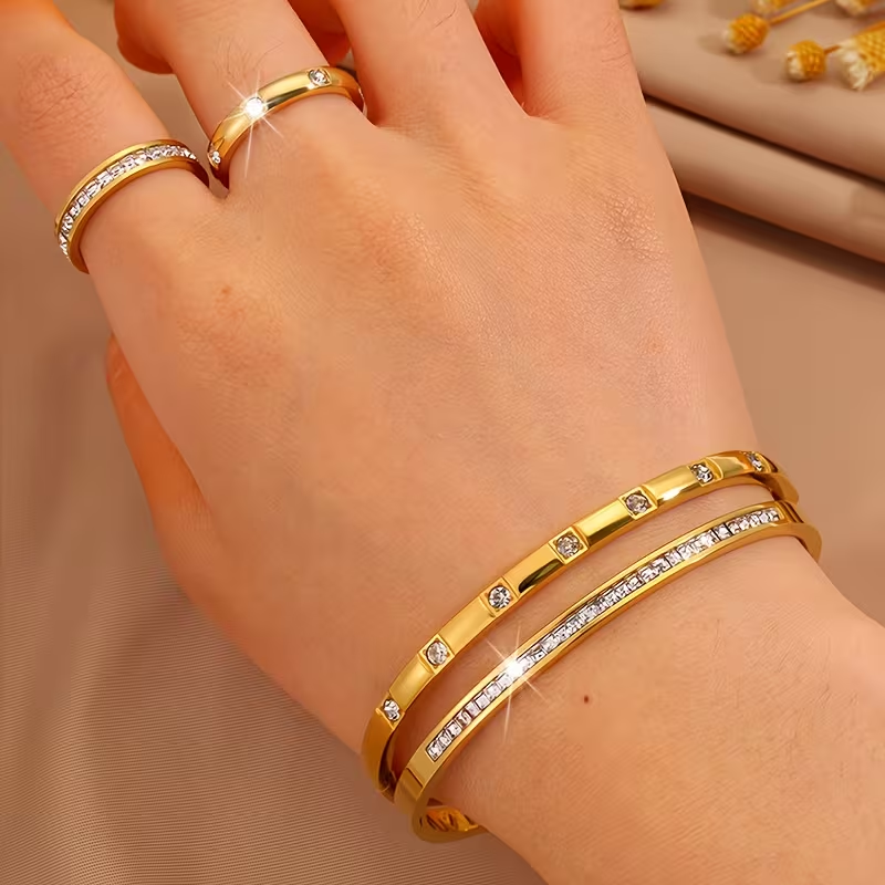 Solid Color Unisex Bangle For New Year, 304 Stainless Steel With 18K Real Gold Plated And Zircon Inlay