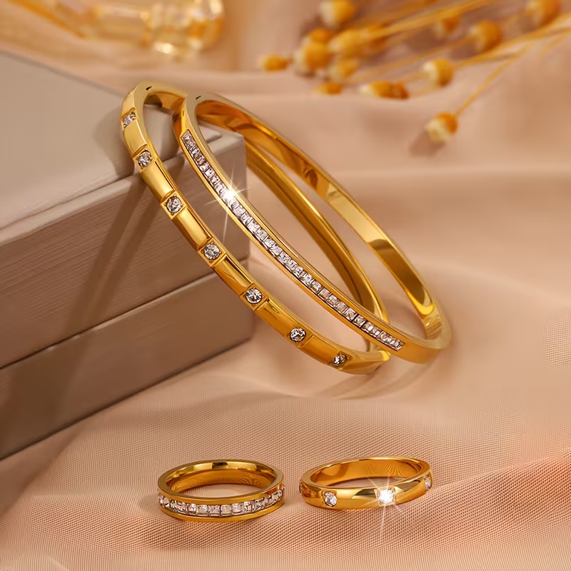 Solid Color Unisex Bangle For New Year, 304 Stainless Steel With 18K Real Gold Plated And Zircon Inlay