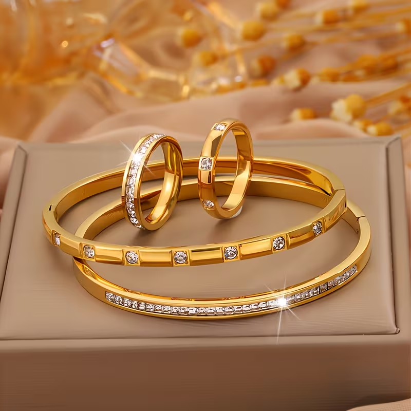 Solid Color Unisex Bangle For New Year, 304 Stainless Steel With 18K Real Gold Plated And Zircon Inlay