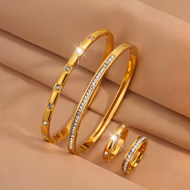 Solid Color Unisex Bangle For New Year, 304 Stainless Steel With 18K Real Gold Plated And Zircon Inlay