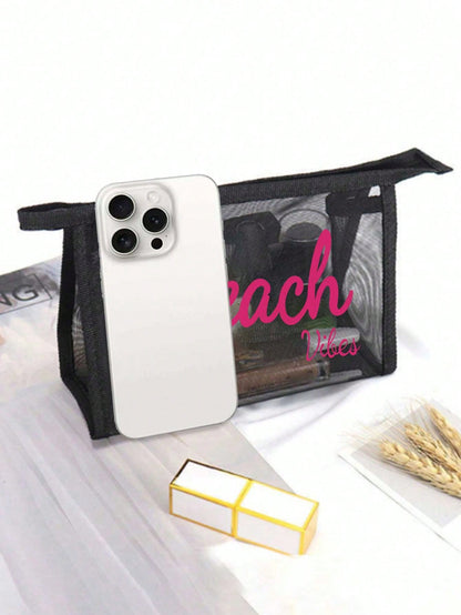 Square Cosmetic Bag For Women Featuring Gauze Net Material With Vocabulary Words Design