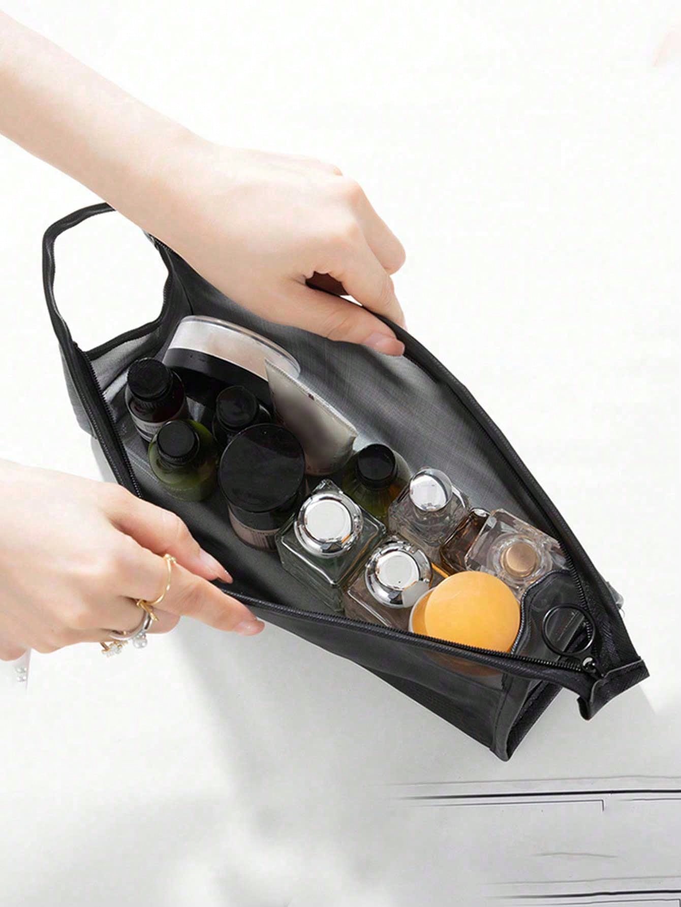 Square Cosmetic Bag For Women Featuring Gauze Net Material With Vocabulary Words Design