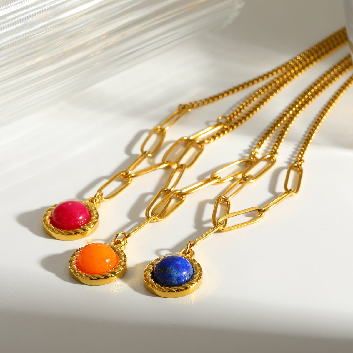 Round Y-Necklace Lariat Necklace For Women In 304 Stainless Steel With 18K Real Gold Plated And Natural Stone Inlay For MAMA Festival
