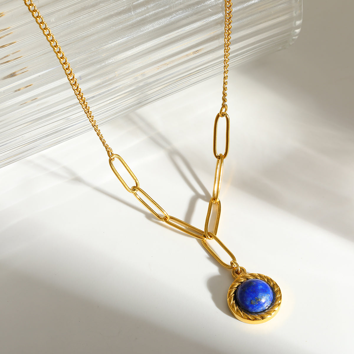 Round Y-Necklace Lariat Necklace For Women In 304 Stainless Steel With 18K Real Gold Plated And Natural Stone Inlay For MAMA Festival
