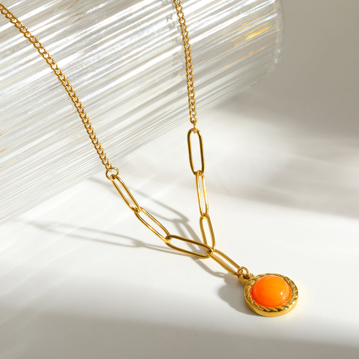 Round Y-Necklace Lariat Necklace For Women In 304 Stainless Steel With 18K Real Gold Plated And Natural Stone Inlay For MAMA Festival