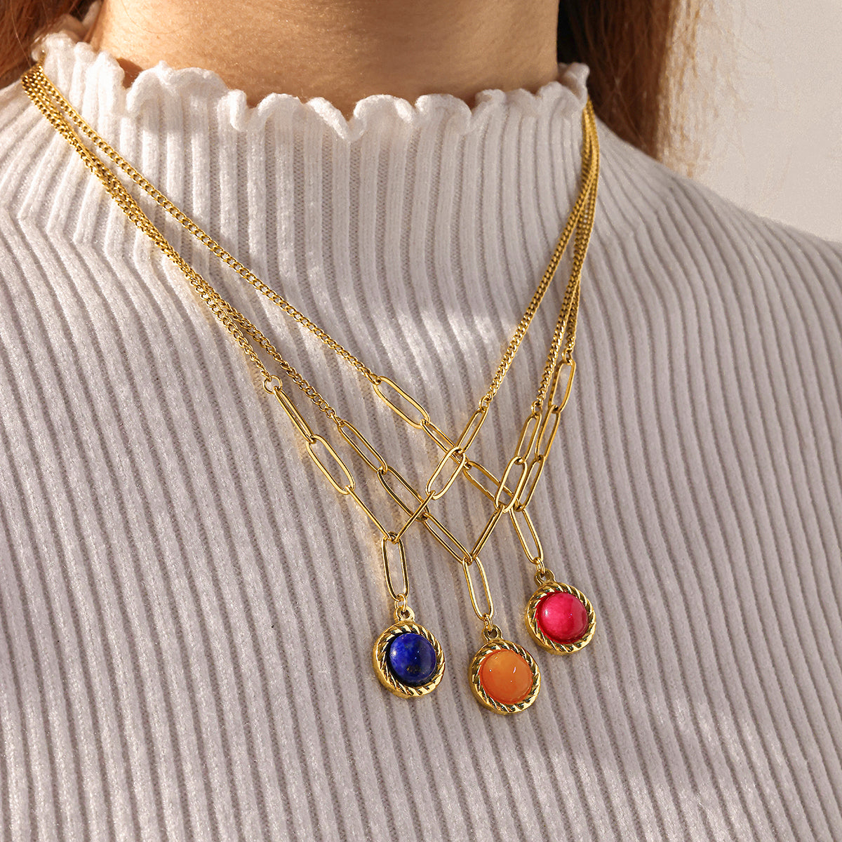 Round Y-Necklace Lariat Necklace For Women In 304 Stainless Steel With 18K Real Gold Plated And Natural Stone Inlay For MAMA Festival