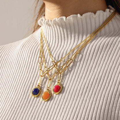 Round Y-Necklace Lariat Necklace For Women In 304 Stainless Steel With 18K Real Gold Plated And Natural Stone Inlay For MAMA Festival