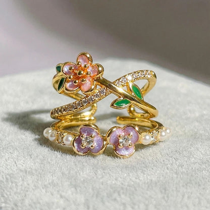 Sweet Flowers Open Ring For Women In Copper Featuring Zircon Inlay