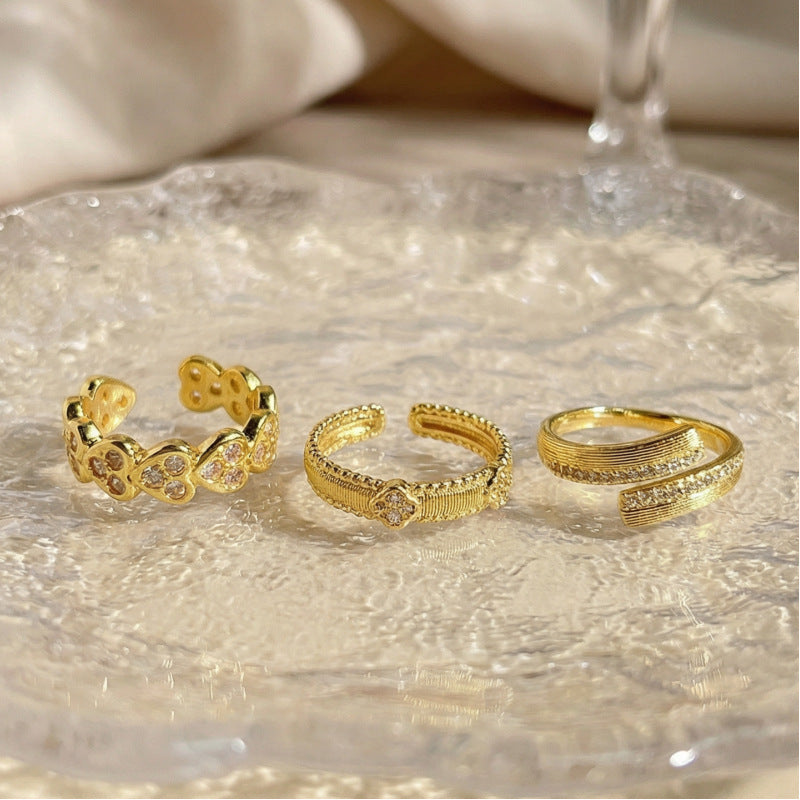 Vintage Style Four Leaf Clover Open Ring For Women In Brushed Copper With Zircon Inlay