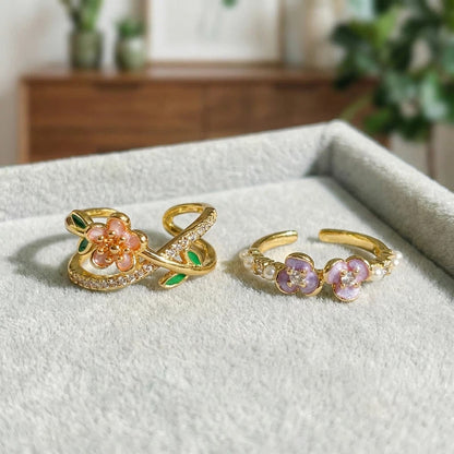 Sweet Flowers Open Ring For Women In Copper Featuring Zircon Inlay