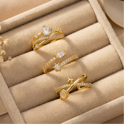 For Women Open Copper Rings Featuring Zircon Inlay In Elegant Golden Color