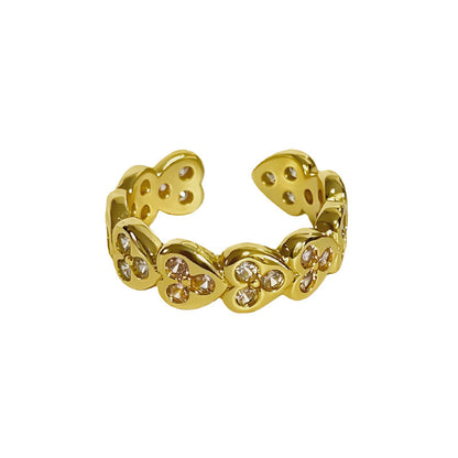 Vintage Style Four Leaf Clover Open Ring For Women In Brushed Copper With Zircon Inlay
