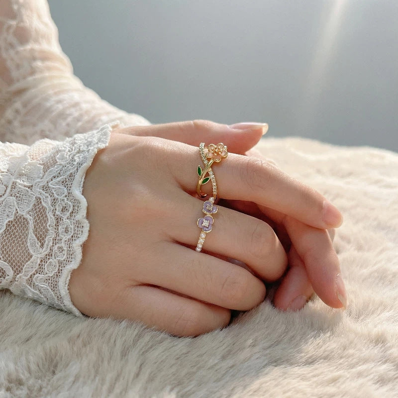 Sweet Flowers Open Ring For Women In Copper Featuring Zircon Inlay