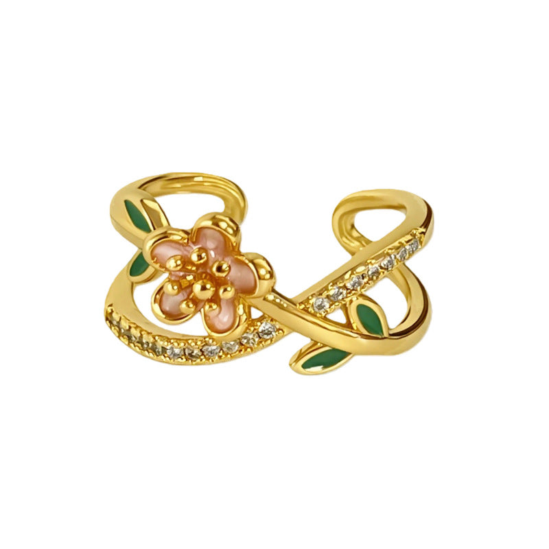 Sweet Flowers Open Ring For Women In Copper Featuring Zircon Inlay