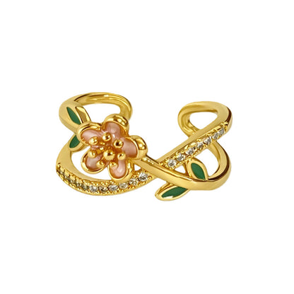 Sweet Flowers Open Ring For Women In Copper Featuring Zircon Inlay