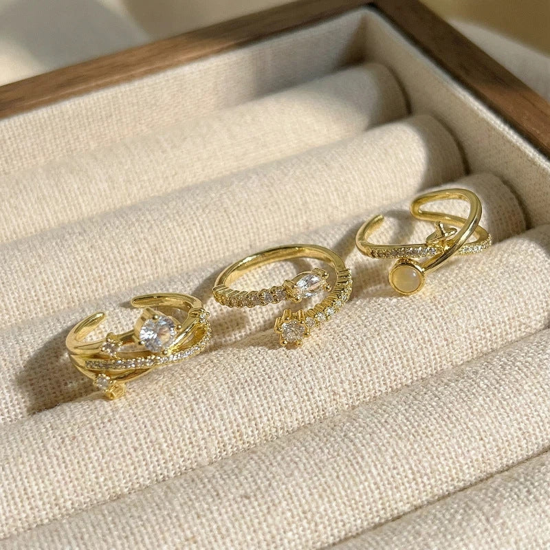 For Women Open Copper Rings Featuring Zircon Inlay In Elegant Golden Color
