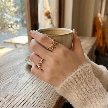 Sweet Flowers Open Ring For Women In Copper Featuring Zircon Inlay