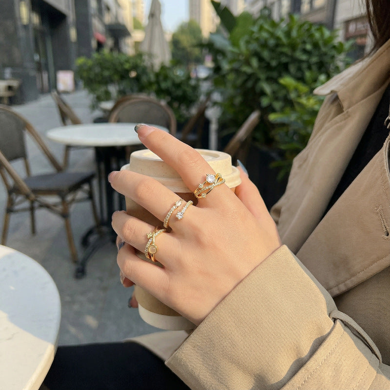 For Women Open Copper Rings Featuring Zircon Inlay In Elegant Golden Color