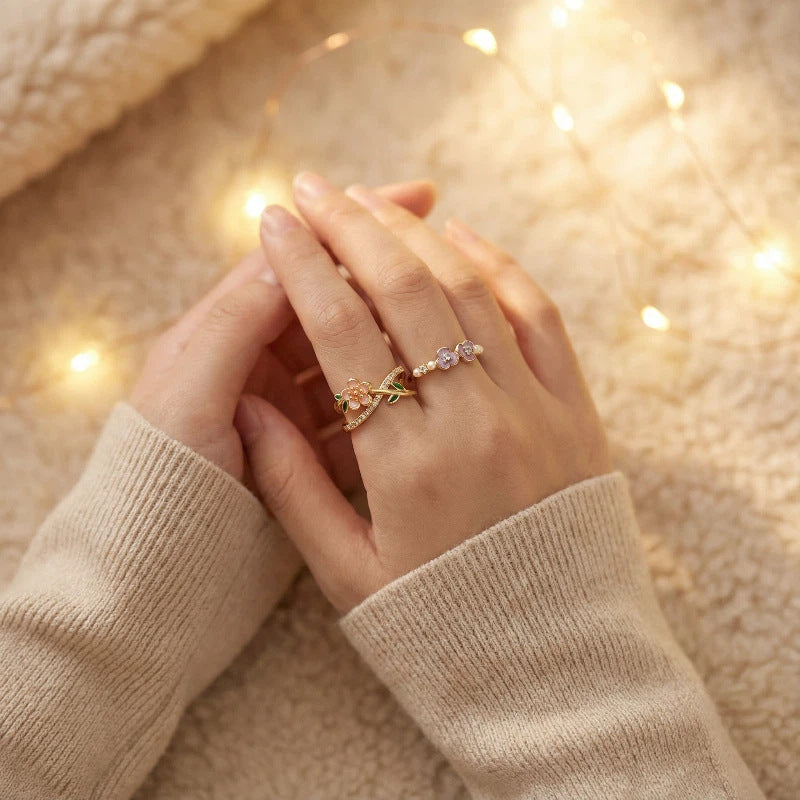 Sweet Flowers Open Ring For Women In Copper Featuring Zircon Inlay