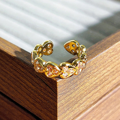 Vintage Style Four Leaf Clover Open Ring For Women In Brushed Copper With Zircon Inlay