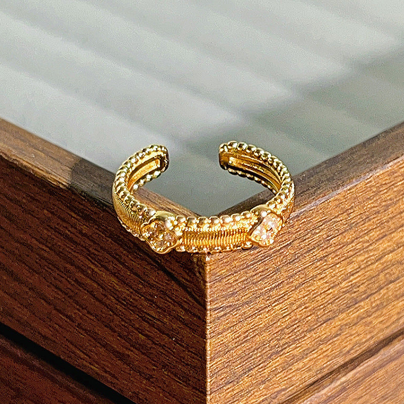 Vintage Style Four Leaf Clover Open Ring For Women In Brushed Copper With Zircon Inlay