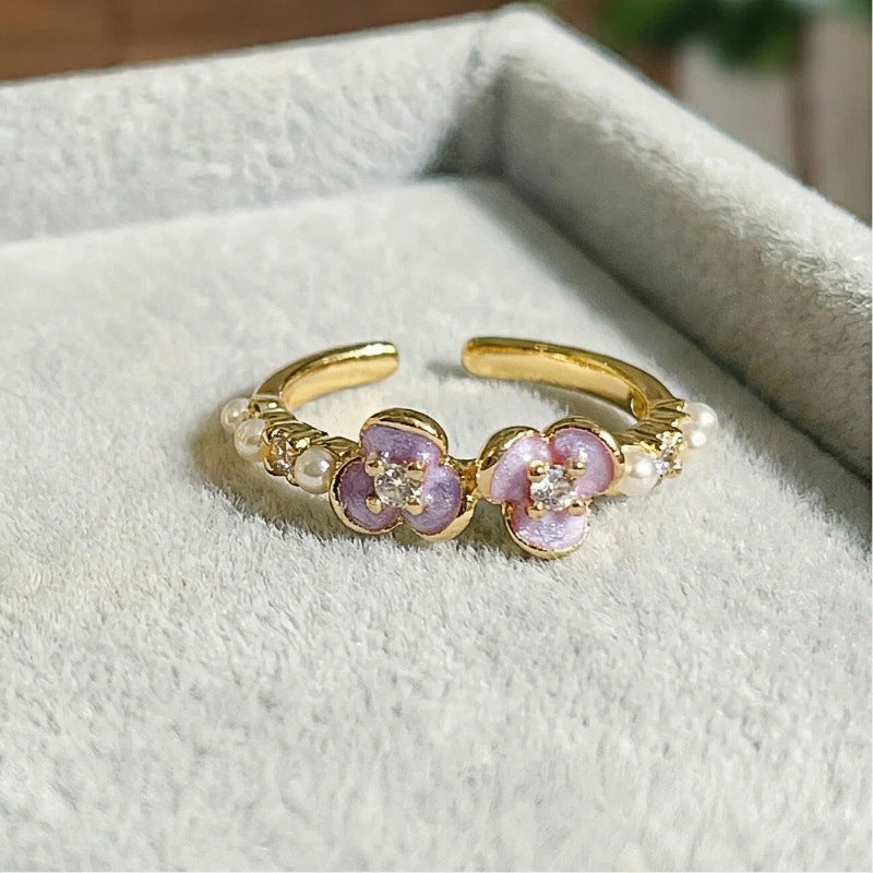 Sweet Flowers Open Ring For Women In Copper Featuring Zircon Inlay