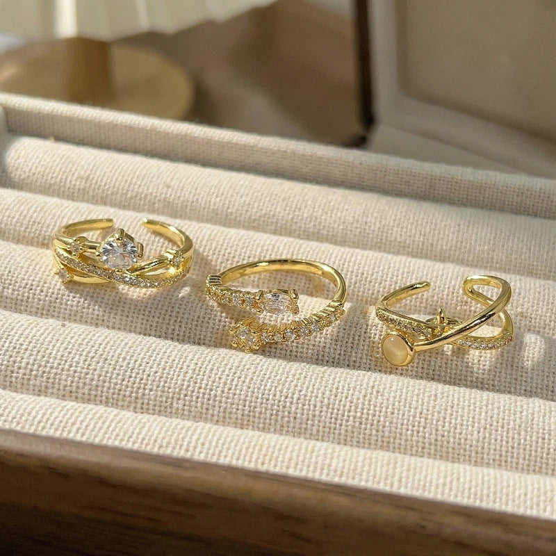 For Women Open Copper Rings Featuring Zircon Inlay In Elegant Golden Color