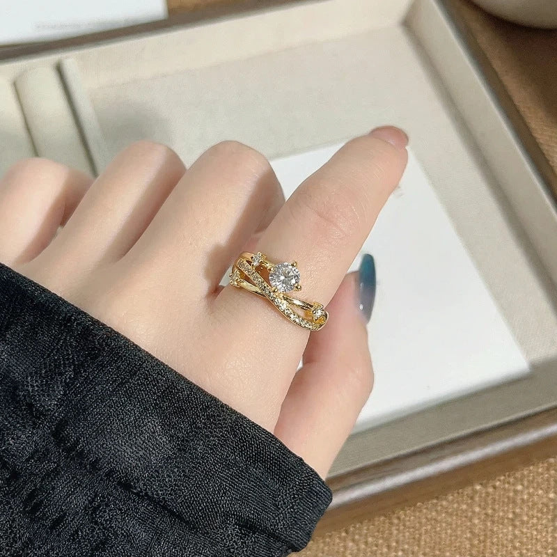 For Women Open Copper Rings Featuring Zircon Inlay In Elegant Golden Color