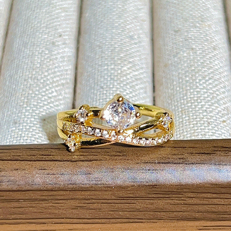 For Women Open Copper Rings Featuring Zircon Inlay In Elegant Golden Color