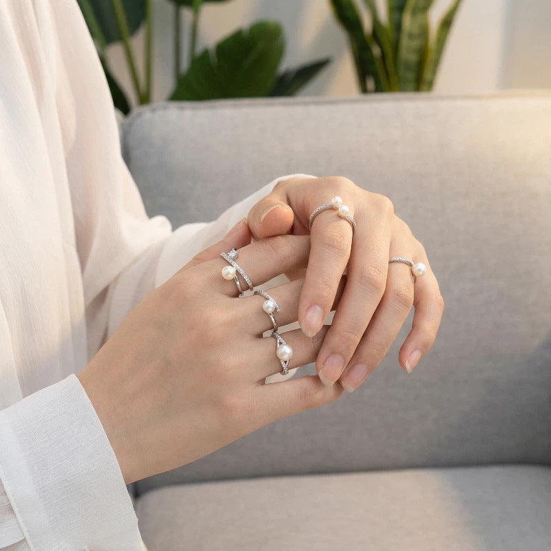 Geometric Open Rings For Women In Simple Style, Crafted With Copper And Beading, Featuring Zircon Inlay