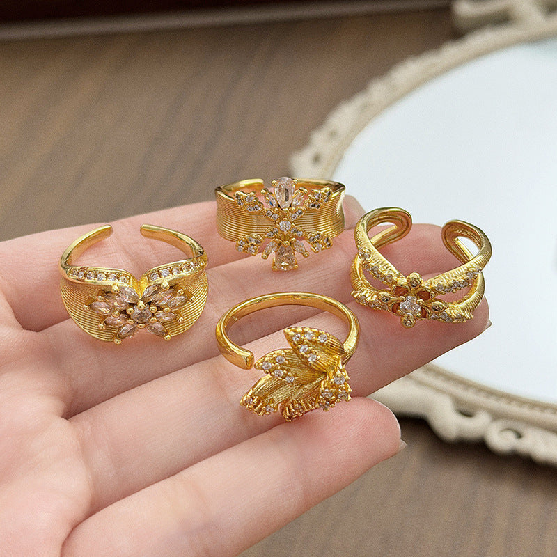 Retro Brushed Copper Open Rings For Women With Zircon Inlay Featuring Floral Pattern