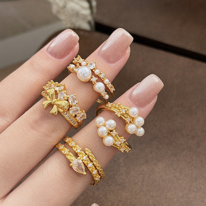 Vintage Style Copper Bow Tie Open Ring For Women Featuring Zircon Inlay