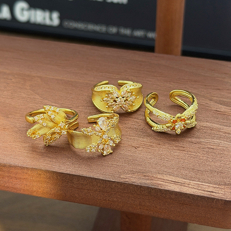 Retro Brushed Copper Open Rings For Women With Zircon Inlay Featuring Floral Pattern