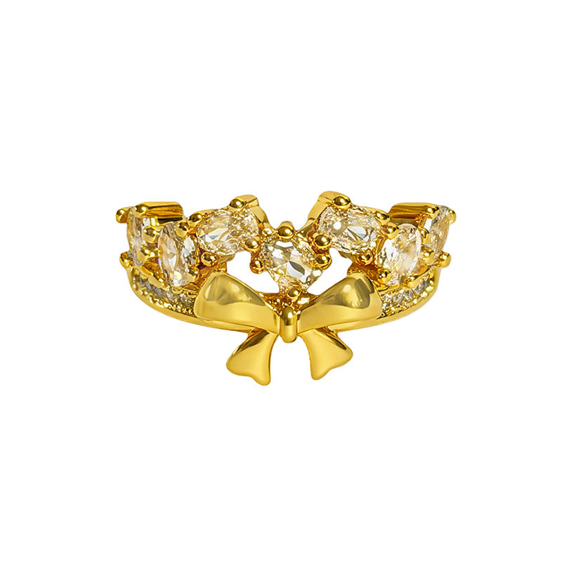 Vintage Style Copper Bow Tie Open Ring For Women Featuring Zircon Inlay