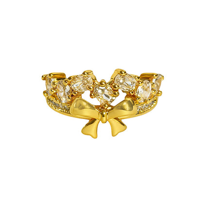 Vintage Style Copper Bow Tie Open Ring For Women Featuring Zircon Inlay