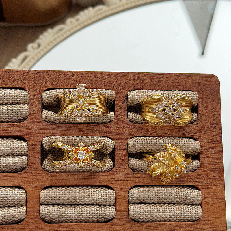 Retro Brushed Copper Open Rings For Women With Zircon Inlay Featuring Floral Pattern